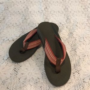 Chaco size 7W chocolate colored bottoms with coral/pink/white stripe.